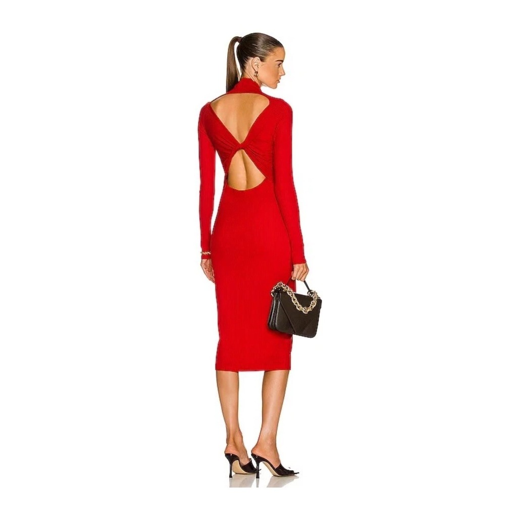 Enza‎ Costa Ribbed Twist Back Midi Dress Women Size S Red Mock Neck PR5336